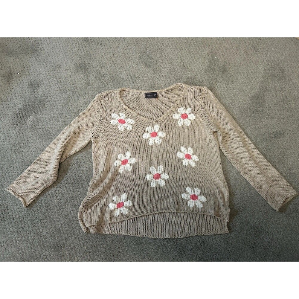 Wooden Ships Taupe Beige Flower Knit Sweater Sz X Small Floral Beachy Summer